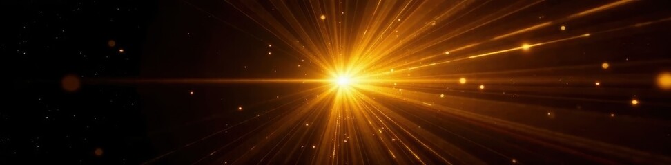 Dynamic yellow starburst, intense golden light rays, black void , science, photography