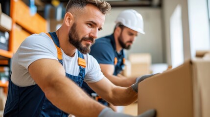 Obraz premium Relocation experts assist with moving process in urban apartment setting