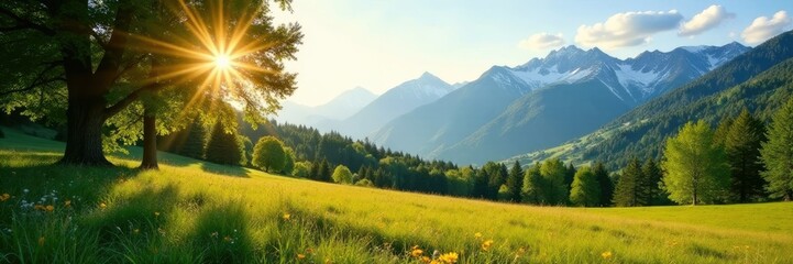 Obraz premium Gentle sunlight filters through trees in a meadow with distant snow-capped mountains, through, mountains