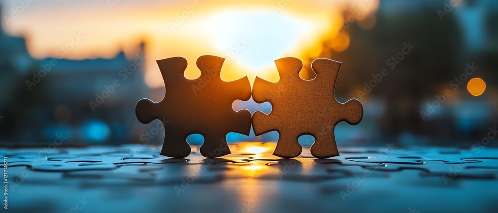 Poster connecting last jigsaw puzzle piece business development growth solution strategy concept