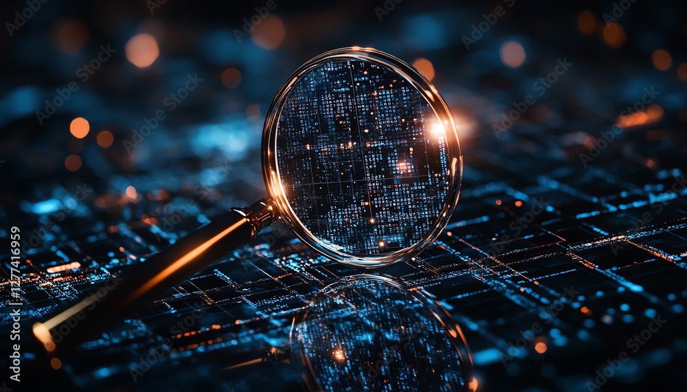 Poster data investigation magnifying glass research analyzing business data concept digital insights