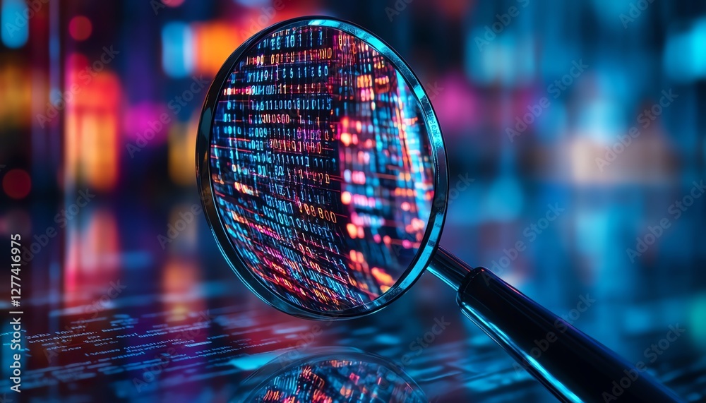 Poster data investigation magnifying glass research analyzing business data concept digital insights