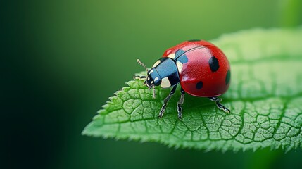 Fototapeta premium Close-up of a vibrant ladybug perched on a green leaf, surrounded by a soft, blurred background