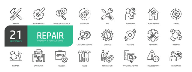 Set Of Repair Line Icons. The set includes a Maintenance, Repairman, Home Repair, Customer Service, Car Repair, Tools, Appliance Repair, and more.