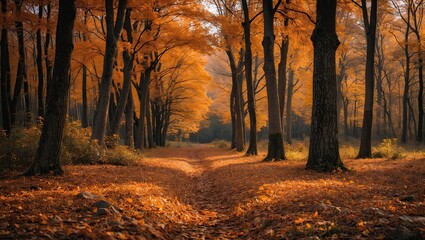 A serene autumn forest pathway covered in orange and yellow leaves amidst tall trees