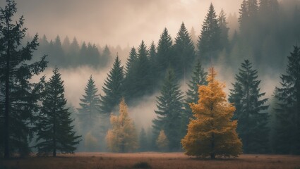 Serene autumn landscape featuring tall evergreen trees shrouded in mist with a vibrant golden tree in the foreground