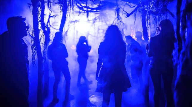 Mysterious Night Scene with Silhouettes in Blue Foggy Forest