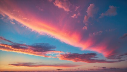 Stunning sunset sky with vibrant pink and purple clouds blending into a blue horizon