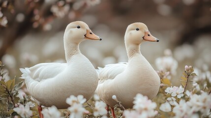 Ducks Waddling Through a Blooming Orchard in Springtime Scene