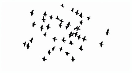 Obraz premium A silhouette of a flock of birds in flight against a white background, creating an abstract and tranquil scene.