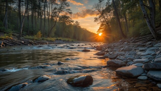 Scenic view of a tranquil river at sunset, surrounded by trees and rocky riverbed