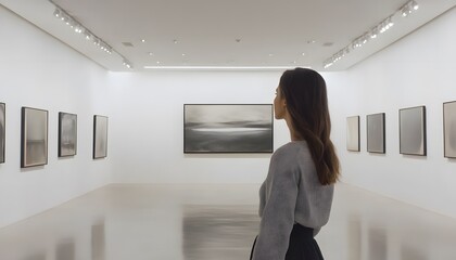 Obraz premium Woman Appreciates Abstract Art Gallery Display