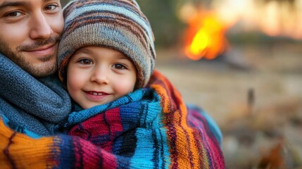 Cozy Winter Embrace: Father and Son by the Campfire