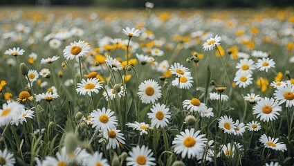 Vibrant field of daisies in full bloom, showcasing white petals with yellow centers against lush green grass