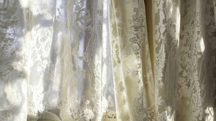 Obraz premium Soft morning sunlight filters through delicate lace curtains, casting a warm and gentle glow that creates a serene and peaceful atmosphere