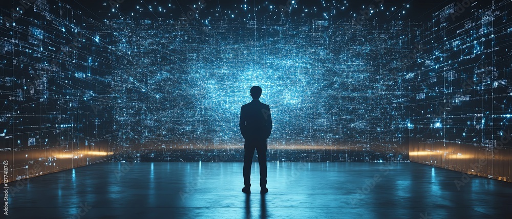 Aufkleber Businessman analyzing big data laptop and online network structure digital connections global network concept