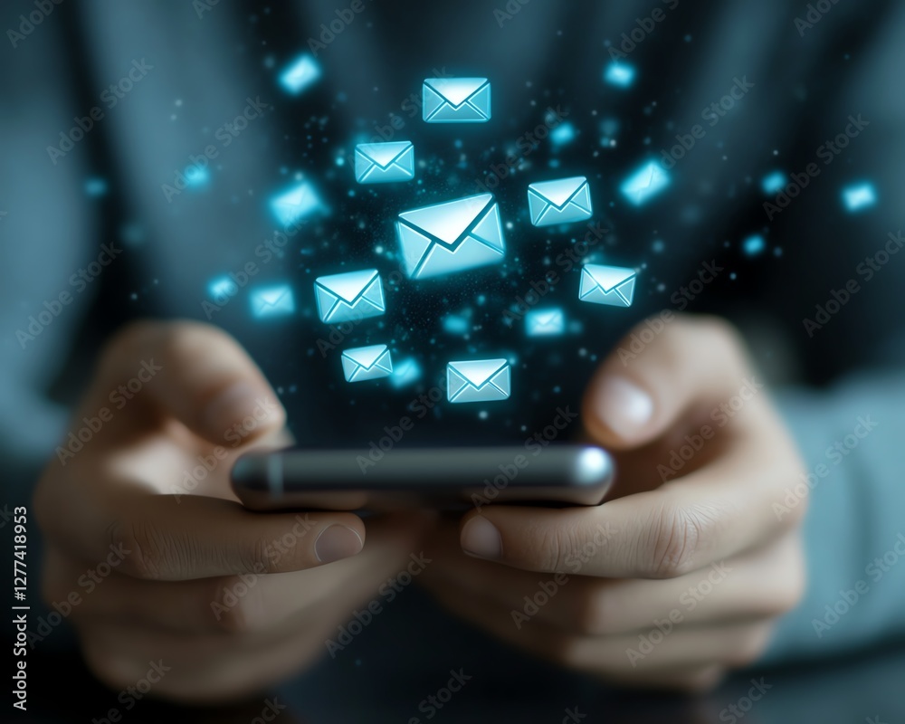 Poster closeup of male hands tapping smartphone screen email app at table with email icon digital communica