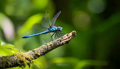 A detailed close-up of a colorful dragonfly resting on a branch, set against a backdrop of out-of-focus, vibrant green foliage.