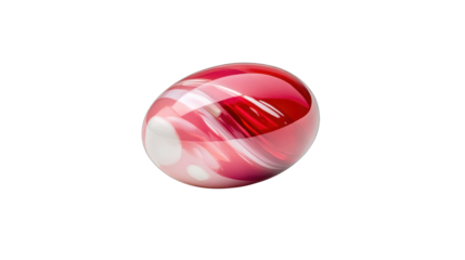 A red and white glass sphere with a white dot in the middle