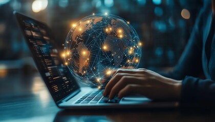 Global data network concept businessman using laptop analyzing big data online network structure for business