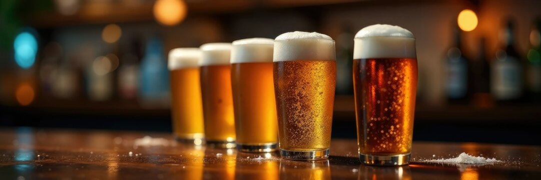 Tapa de cerveza con espuma latas y botellas desenfocadas en un fondo oscuro, bar, fondo oscuro, espuma