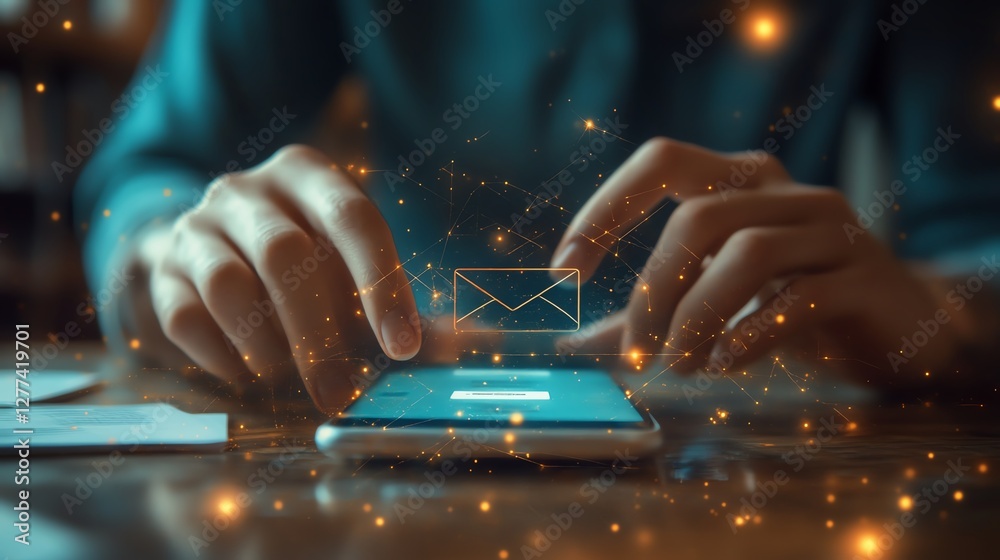 Aufkleber male hands touching smartphone screen using email app at table with email icon digital correspondenc
