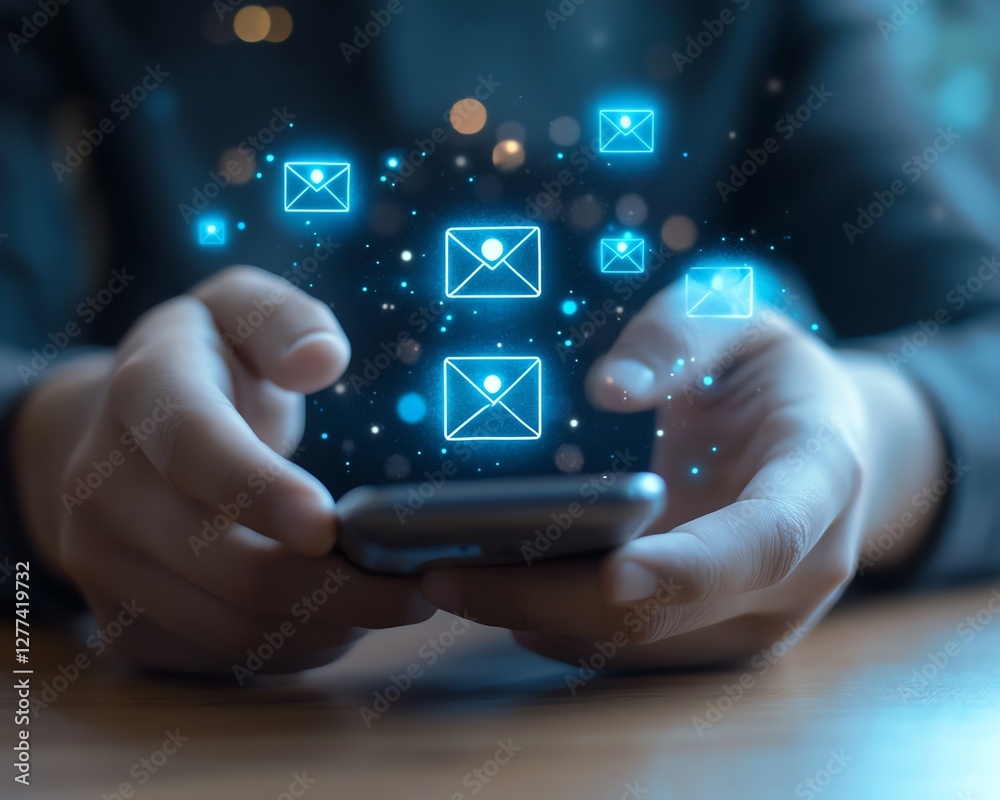 Aufkleber Male hands using email app on smartphone screen closeup at table with email icon concept business communication
