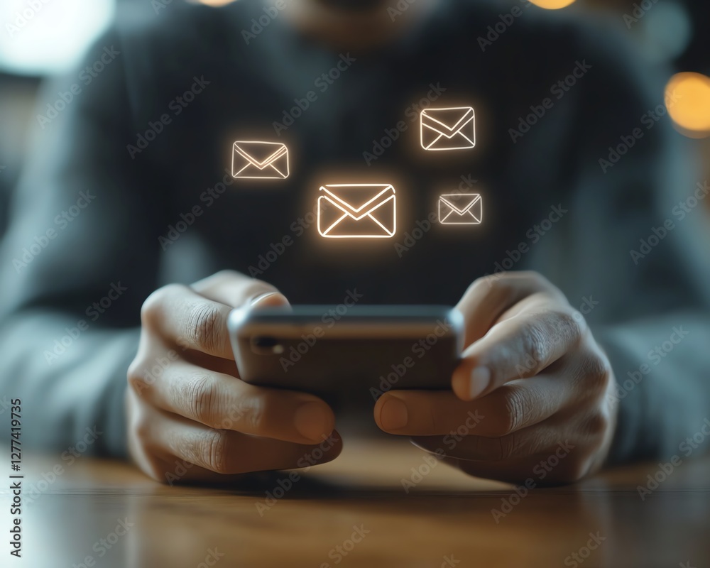 Poster male hands using email app on smartphone screen closeup at table with email icon concept business co