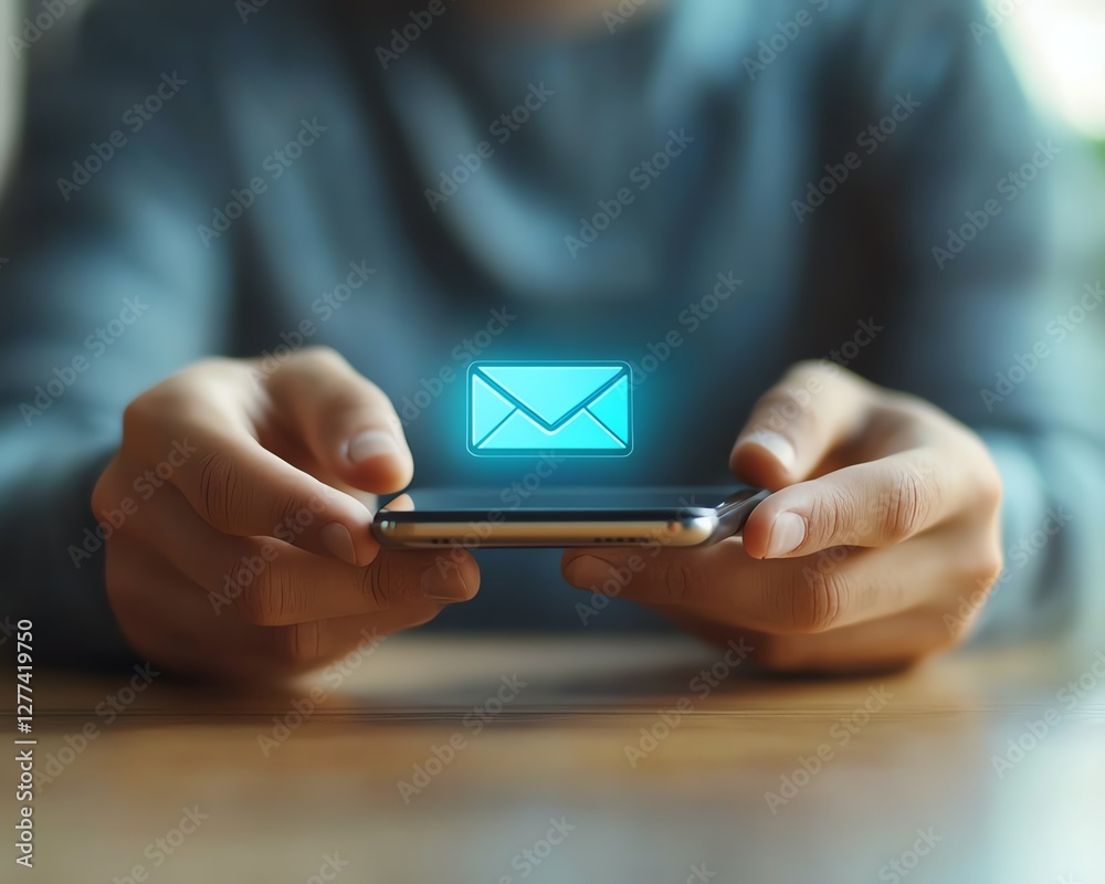 Poster male hands using email app on smartphone screen closeup at table with email icon concept business co