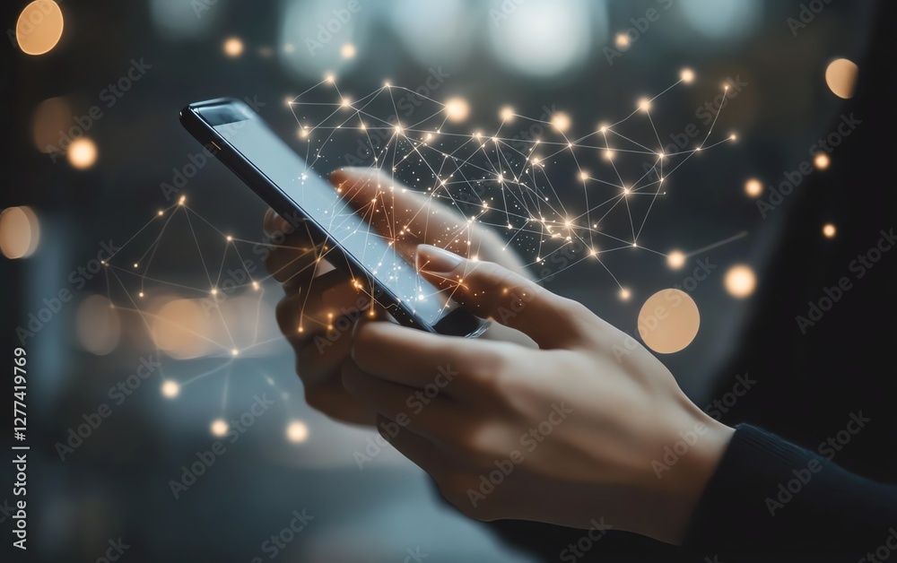 Poster male hands using smartphone screen sending message in online people network concept of social media 