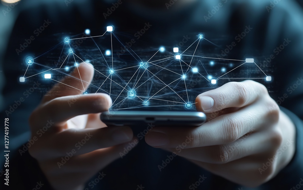 Poster male hands using smartphone screen sending message in online people network concept of social media 
