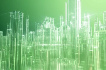 Futuristic green city skyline, transparent buildings, digital art, urban landscape