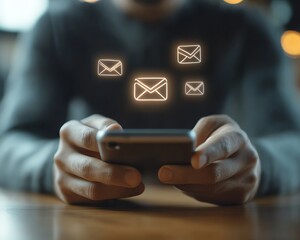 Male hands using email app on smartphone screen closeup at table with email icon concept business communication