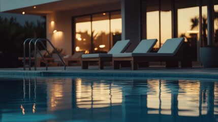 Fototapeta premium Video generation of a modern outdoor poolside lounge. Featuring leisure and sophistication