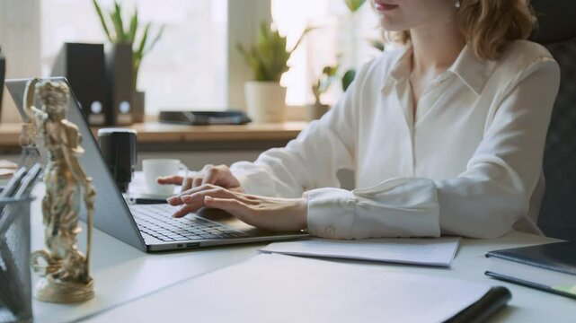 Medium midsection shot of unrecognizable young Caucasian female legal secretary, wearing white blouse, sitting at desk at law firm office, working on laptop while drafting agreement