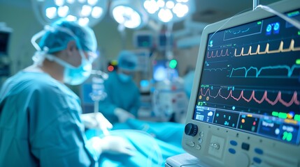 Cardiac event monitor and modern medical devices in an operating room during surgery. High-tech healthcare setup for medical and surgical concepts.