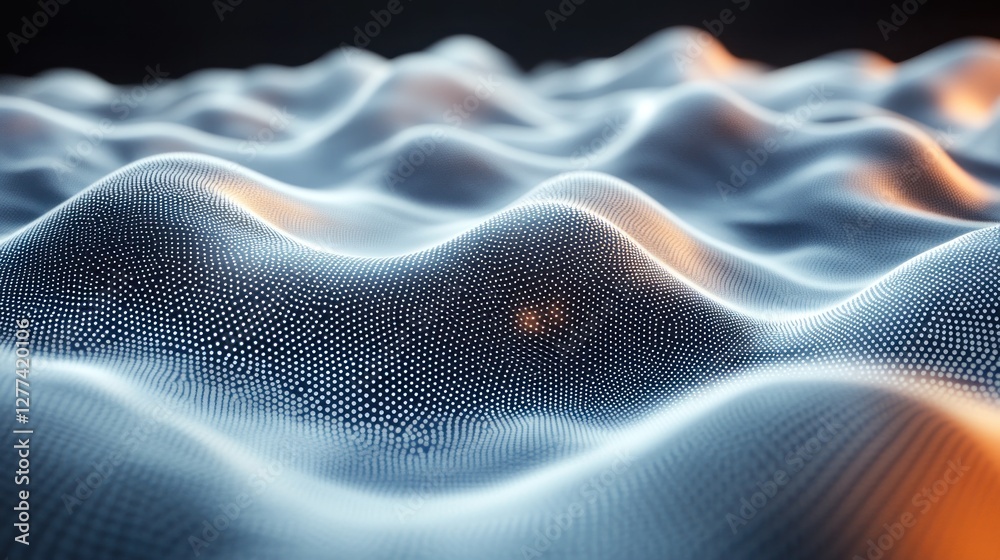 Poster abstract 3d rendering of a flowing, undulating surface with a grid-like texture, illuminated with wa