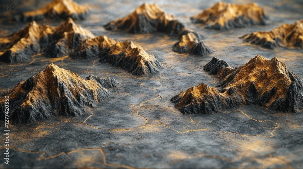 Poster Abstract 3D rendering of a golden mountain range landscape.