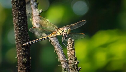 A detailed close-up of a colorful dragonfly resting on a branch, set against a backdrop of out-of-focus, vibrant green foliage.