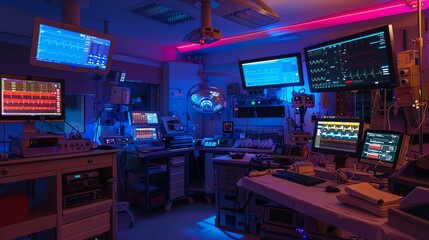 Cardiac event monitor and modern medical devices in an operating room during surgery. High-tech healthcare setup for medical and surgical concepts.