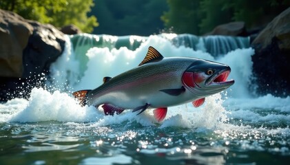 Fototapeta premium Massive Atlantic salmon clearing waterfall, spray bursts, outdoor, river
