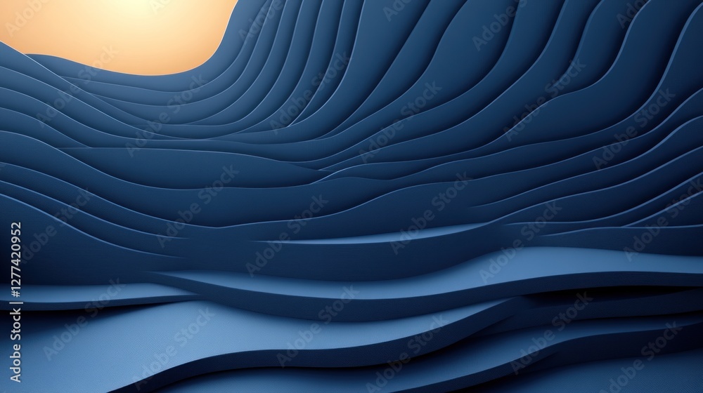 Poster Abstract 3D rendering of undulating navy blue layers creating a wave-like pattern with a warm light source at the top.