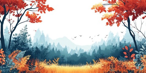 Captivating Autumn Landscape with Vibrant Red and Orange Foliage, Tranquil Forest Backdrop, and Serene Sky Featuring Graceful Birds in Flight