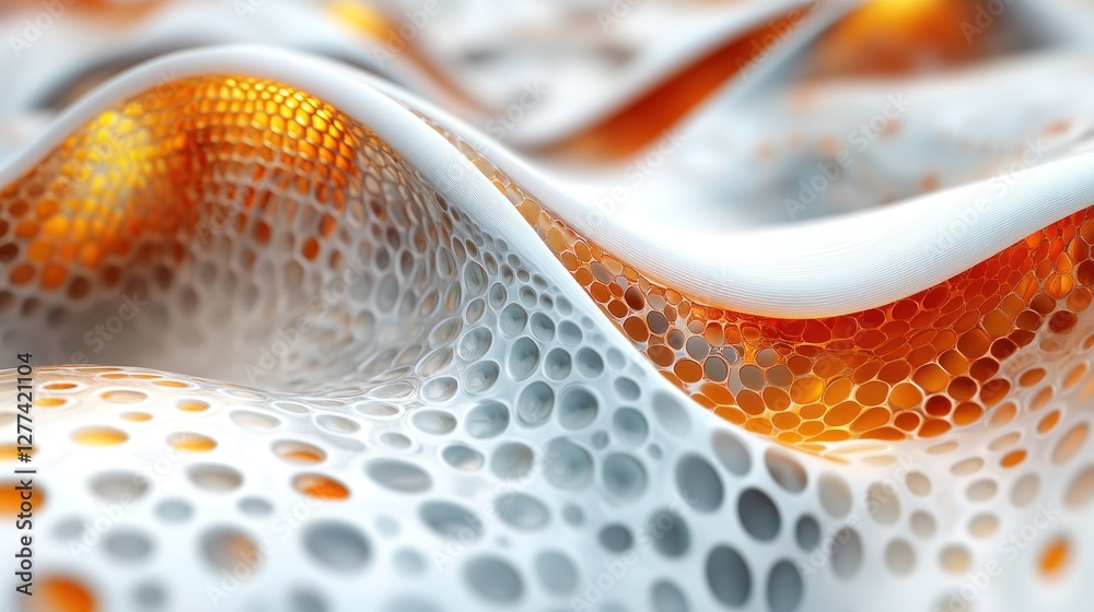 Poster Abstract 3D rendering of undulating surface with honeycomb pattern, white and orange hues.