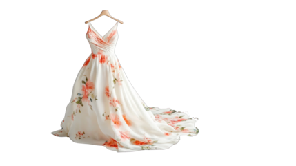 A white dress with pink flowers on it