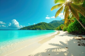 Obraz premium Sun-drenched sand, turquoise water, lush island backdrop, summer, vibrant