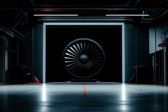 Industrial hangar interior with jet engine
