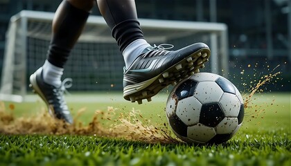 Fototapeta premium a soccer player kicking a soccer ball on a field of grass with a goal in the background and a goal post in the foreground