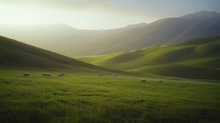 Fototapeta premium Video generation of a peaceful countryside with rolling hills and grazing sheep. Featuring rural serenity and natural beauty