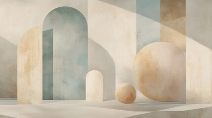Fototapeta premium Abstract architectural interior with arches, spheres, and textured walls, bathed in soft sunlight.